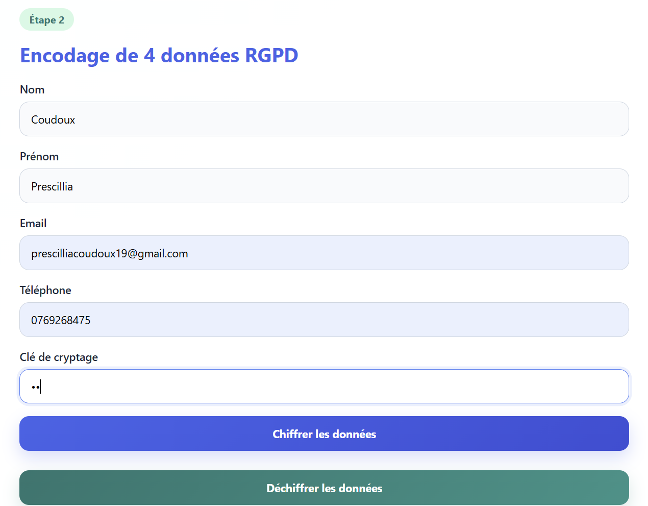 Formulaire de saisie et de chiffrement des données RGPD