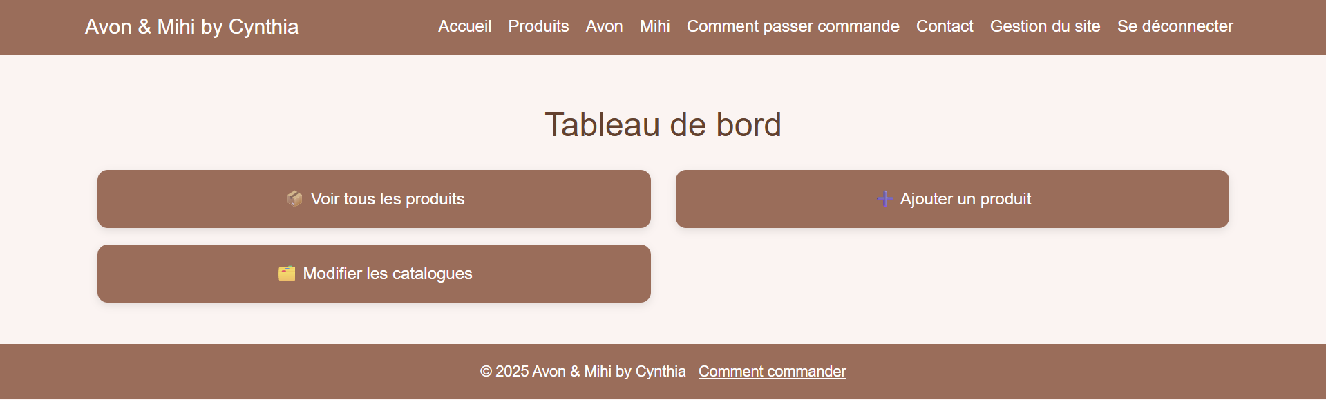 Tableau de bord du site de vente