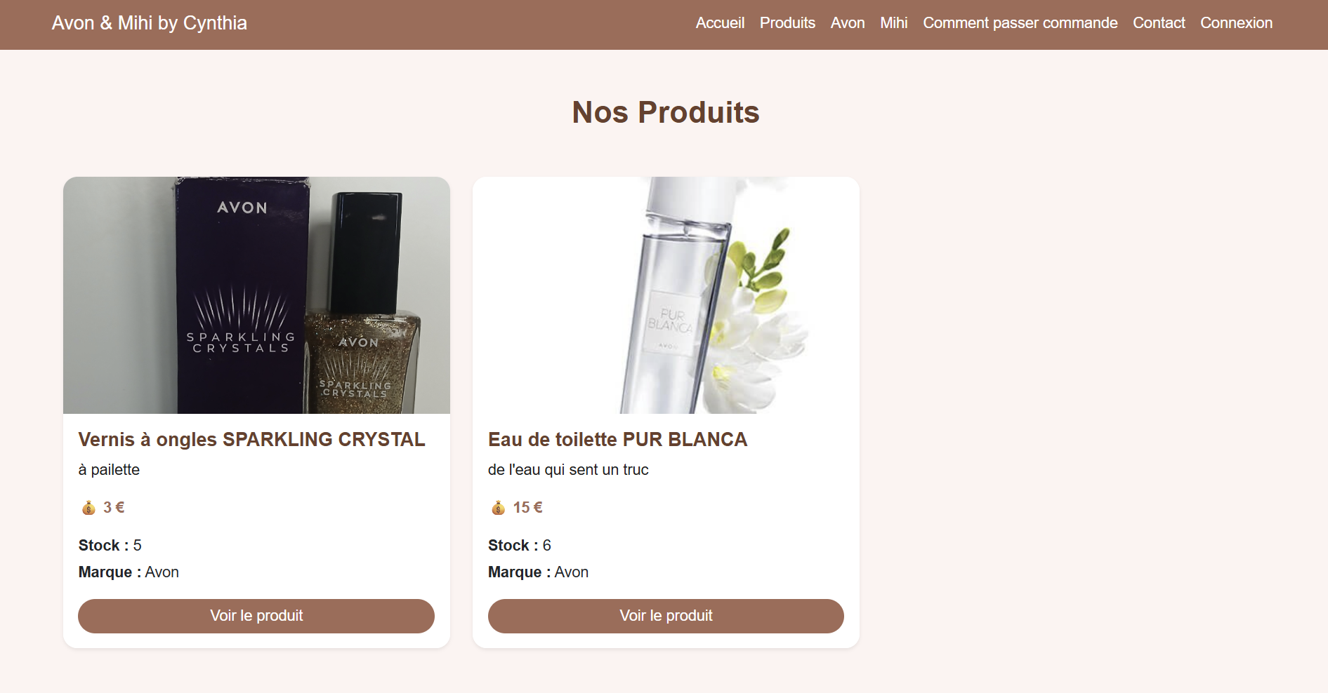 Page produits du site de vente